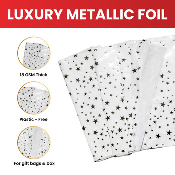 Pack of 10 Stars Luxury Silver Metallic Plastic-Free 18gsm Tissue Paper Sheets 50x70cm