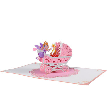 Pink Baby Girl Carriage and Fairy 3D Pop Up Baby Shower Greeting Card