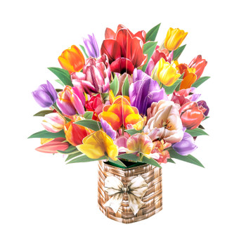 Petals of Joy Tulip Basket 3D Pop Up Greeting Card - Mother's Day Birthday Wedding Anniversary 