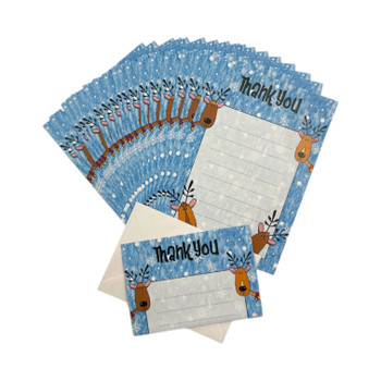 Pack of 20 Christmas Snow Reindeer Design Thank You Sheets With Envelopes