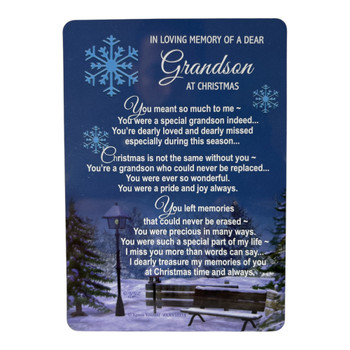 In Loving Memory of a Dear Grandson Christmas Graveside Keepsake Card - Snowy Scene with Poem Memorial Card