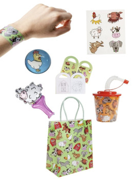 Pre Filled Farm Animal Theme Kids Party Favour Bag – Gift Bag with Reusable Cup & Themed Toys