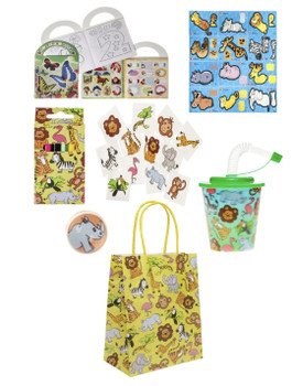 Pre Filled Wild Animal Theme Kids Party Favour Bag – Gift Bag with Reusable Cup & Themed Toys