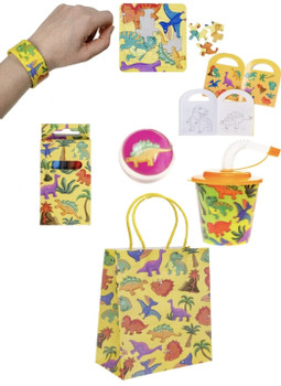 Pack of 20 Pre Filled Dino Theme Kids Party Favour Bags – Gift Bags with Reusable Cup & Themed Toys