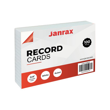 Pack of 100 White Ruled 8x5" Record Cards – Lined Study Index Cards for Notes, Revision