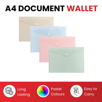 Pack of 12 A4 Assorted Light Pastel Coloured Soft Touch Plastic Document Wallets with Button Closure