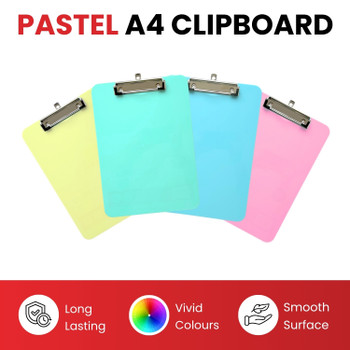 Pack of 4 A4 Assorted Pastel Coloured Plastic Clipboards with Metal Clip and Round Corner