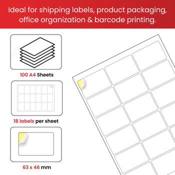 Pack of 1800 White 63x46mm Self Adhesive Labels (18 Labels per A4 Sheet)