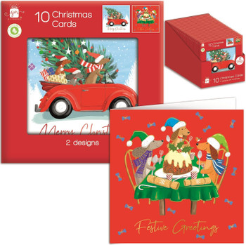 Pack of 10 Festive Canine Design Square Christmas Cards With Envelopes