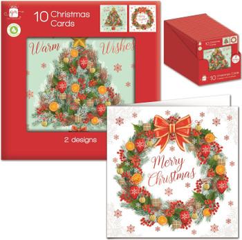 Pack 10 Festive Tree & Wreath Designs Christmas Cards