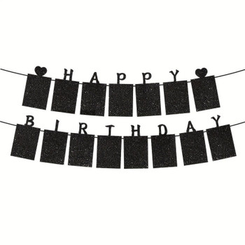 Glitter Black Photo Insert HAPPY BIRTHDAY with Hearts Banner with Ribbon