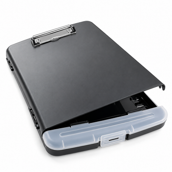 A4 Black Plastic Clipboard Box File With Pencil Holder - Storage Filing Case