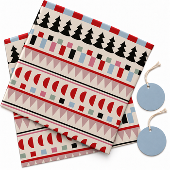 Pack of 2 Retro Christmas Rows Design 50 x 70 cm Gift Wrap Sheets with 2 Tags