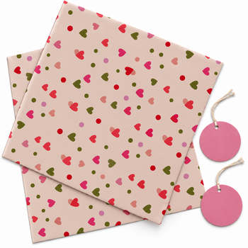 Pack of 2 Tinny Heart Toss Design 50 x 70 cm Gift Wrap Sheets with 2 Tags - Valentine’s Day Christmas Romantic Occasions Birthdays