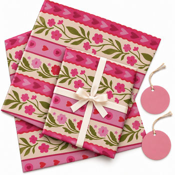 Pack of 2 Floral Ribon Design 50 x 70 cm Gift Wrap Sheets with 2 Tags - Valentine’s Mother's Day Birthdays Everyday Celebrations