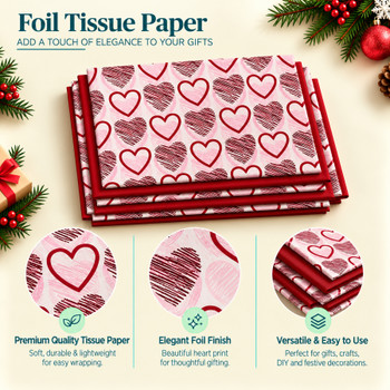Pack of 8 Valentine Hearts Medley Luxury Red Foil Design & Plain Red 50 x 70 cm Tissue Sheets - Christmas Valentine's Wedding Birthday
