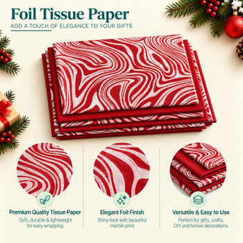 Pack of 8 Elegant Marble Luxury Red Foil Design & Plain Red 50 x 70 cm Tissue Sheets - Christmas, Valentine, Wedding