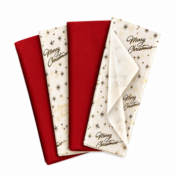 Pack of 8 Merry Christmas Luxury Gold Foil Design & Plain Red 50 x 70 cm Tissue Sheets