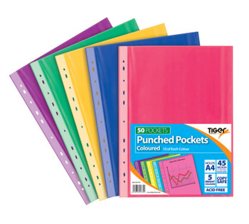 Pack of 50 A4 Assorted Coloured Punched Pockets