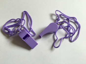 Pack of 15 Purple Plastic Whistles with Lanyard Neck Cord