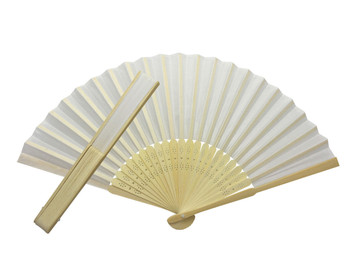 White Fabric Hand Held Bamboo and Wooden Fan