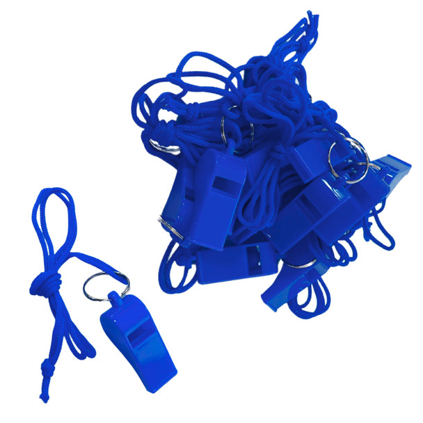 Bag of 100 Blue Plastic Whistles with Lanyard Neck Cord