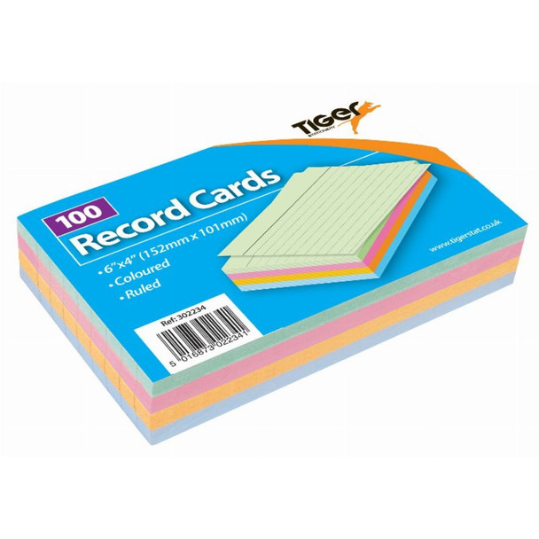 6"X4" Coloured Record Cards Ruled 100 Sheets