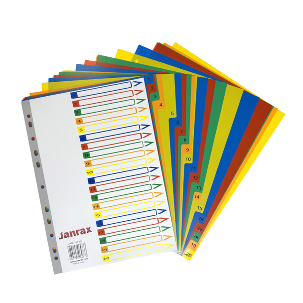 A4 20 Part Polypropylene Dividers with Reinforced Index Cover