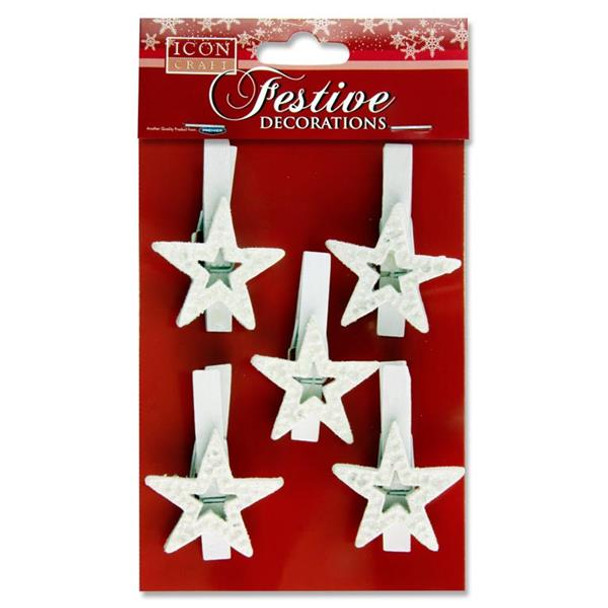 Pack of 5 White Star Design Christmas Peg Decorations by Icon Craft