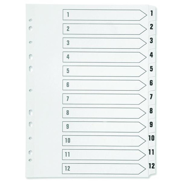 A4 White Polypropylene Multi-punched 1-12 Index Dividers for ring binders/lever arch