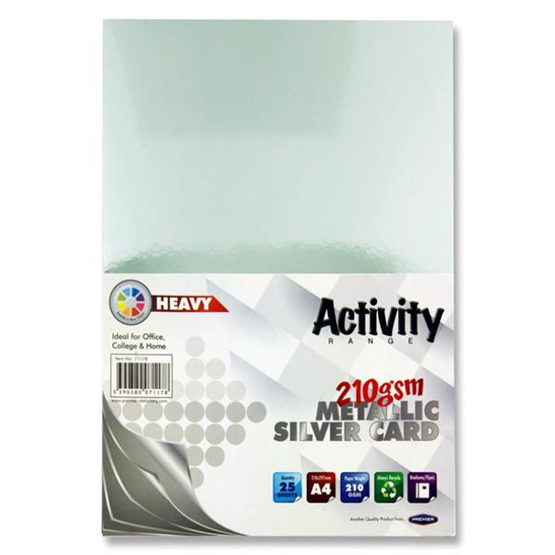 Pack of 25 Sheets A4 Metallic Silver 210gsm Card by Premier Activity