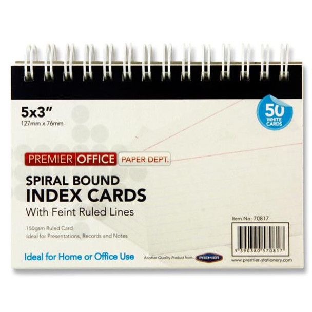 Pack of 50 5" x 3" Spiral Ruled Index White Cards by Premier Office