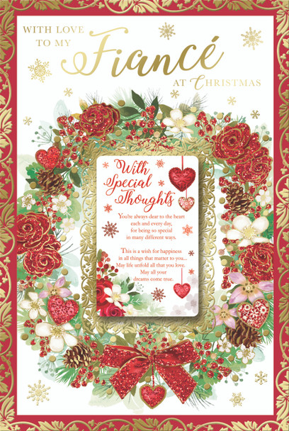 With Love to My Fiance Special Thoughts Beautiful Wreath Design Christmas Card