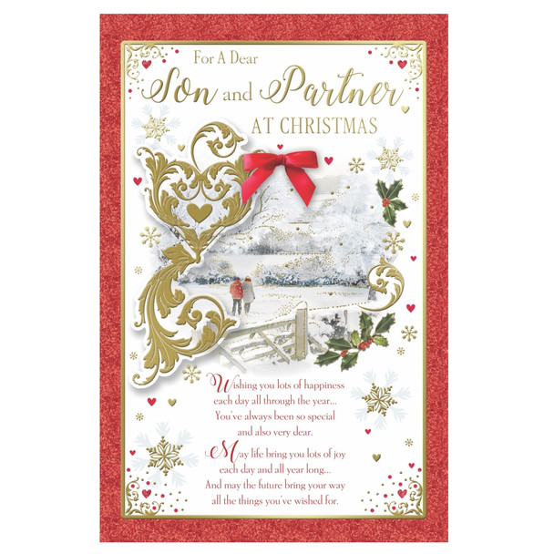 For a Dear Son and Partner Couple Walking in Winter Wonderland Design Christmas Card