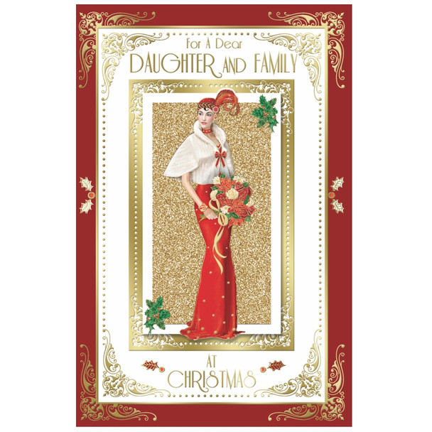 For Daughter and Family Elegant Woman Holding Flowers Design Christmas Card For Daughter and Family Elegant Woman Holding Flowers Design Christmas Card