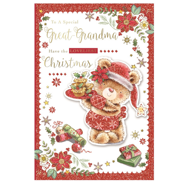 To a Special Great Grandma Bear Holding Cupcakes Design Christmas Card