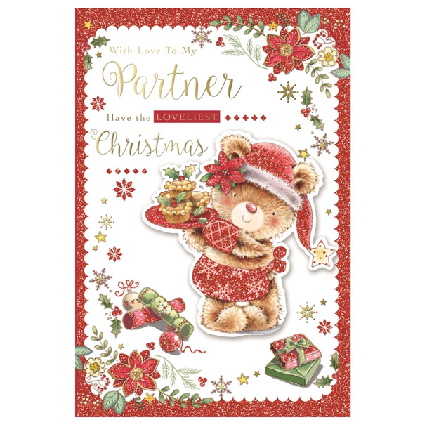 With Love To My Partner Bear Holding Cupcakes Design Christmas Card