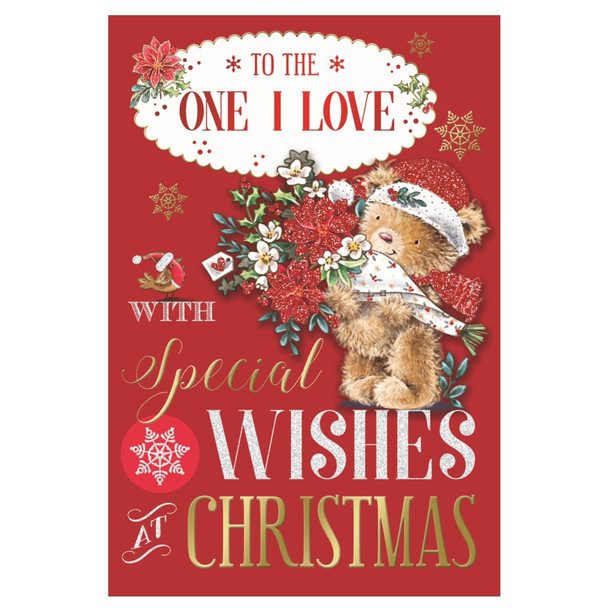 To The One I Love Bear Carring Flower Bouquet Design Christmas Card
