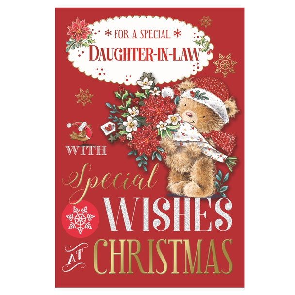 For a Special Daughter In Law Bear Carrying Flower Bouquet Design Christmas Card