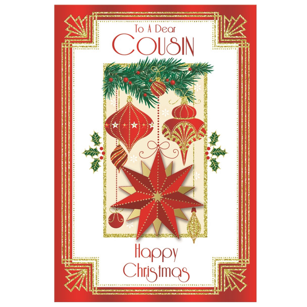 To a Dear Cousin Baubles and Star Design Christmas Card
