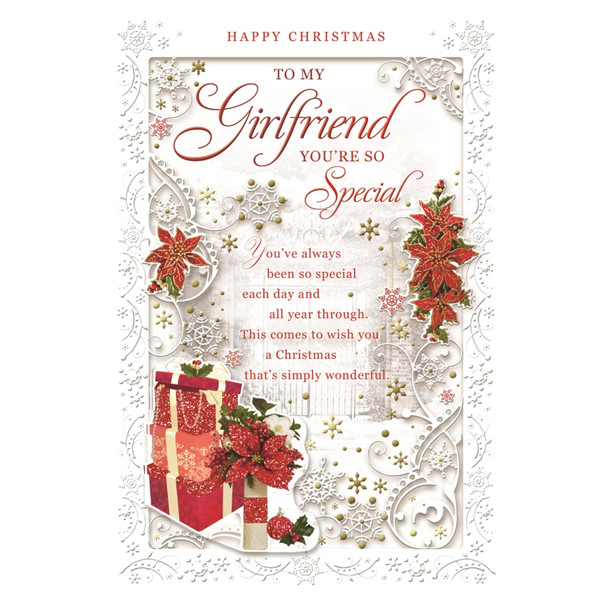 To My Girlfriend Poinsettias and Gifts Design Christmas Card