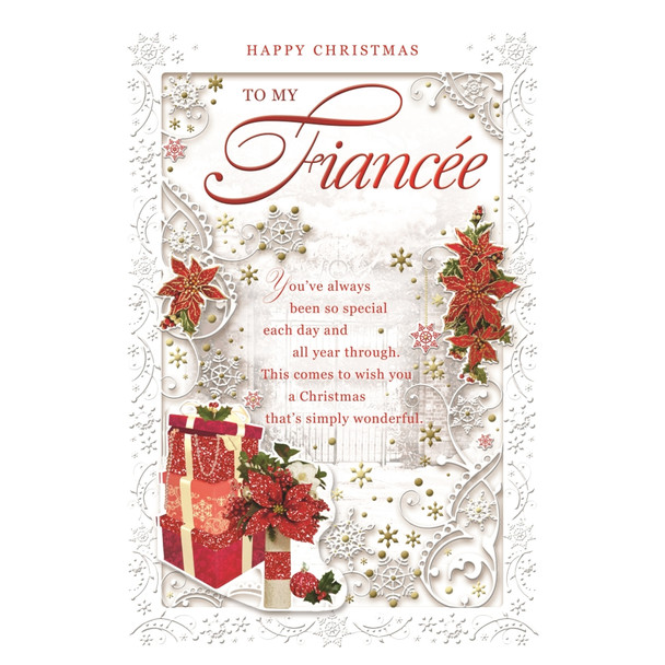 To My Fiancee Poinsettias and Gifts Design Christmas Card