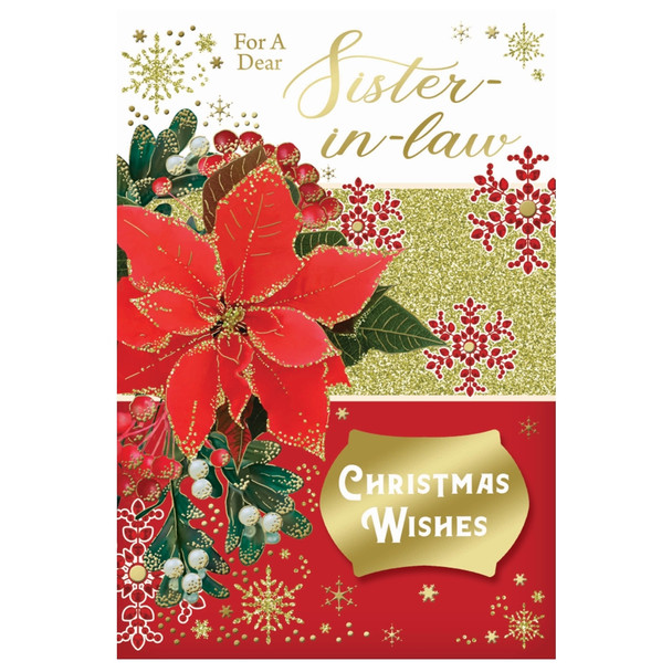For a Dear Sister In Law Poinsettia Flower Design Glitter Finished Christmas Card