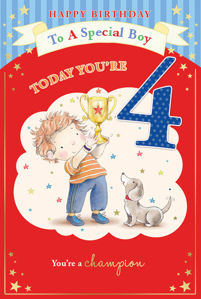 To a Special Boy & Bear with Trophy Age 4 Candy Club Birthday Card