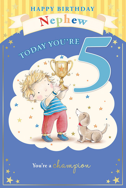 Little Boy & Dog with Trophy Nephew 5th Birthday Card