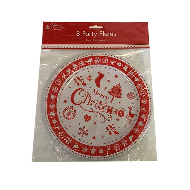 Pack of 8 Christmas Red and White Party Plates {DC}