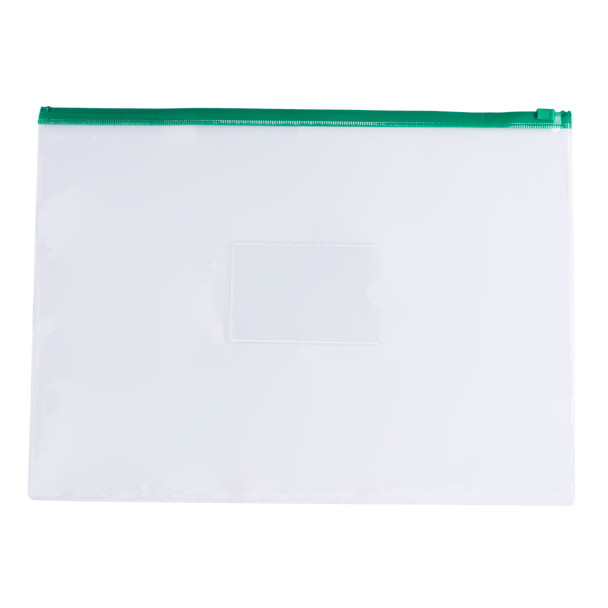 Pack of 12 A4+ Foolscap Clear Zippy Bags with Green Zip