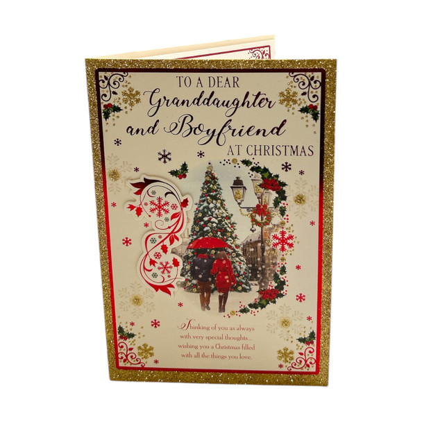 To a Dear Granddaughter and Boyfriend Snowy Village Scene Christmas Card To a Dear Granddaughter and Boyfriend Snowy Village Scene Christmas Card