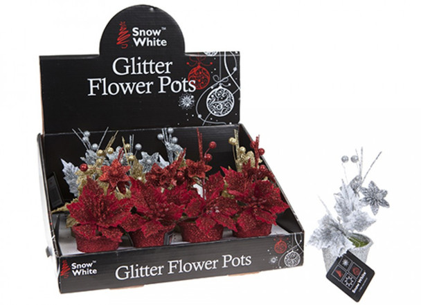 Christmas Poinsettia Flowers and Balls In Glitter Finish Pot