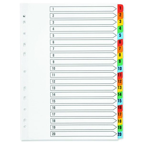 1-20 Index Multi-punched Reinforced Board Multi-Colour Numbered Tabs A4 White